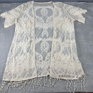 Sheer lace Kimono Cardigan Cover Up with Fringe Trim Boho Ivory